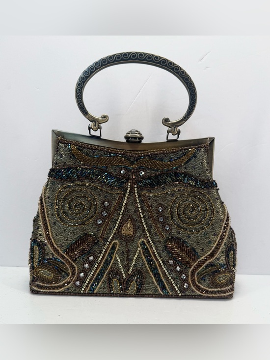 Handbags - Vintage Fully Beaded Owl Metallic Gold Evening Clutch with Decorative Handle